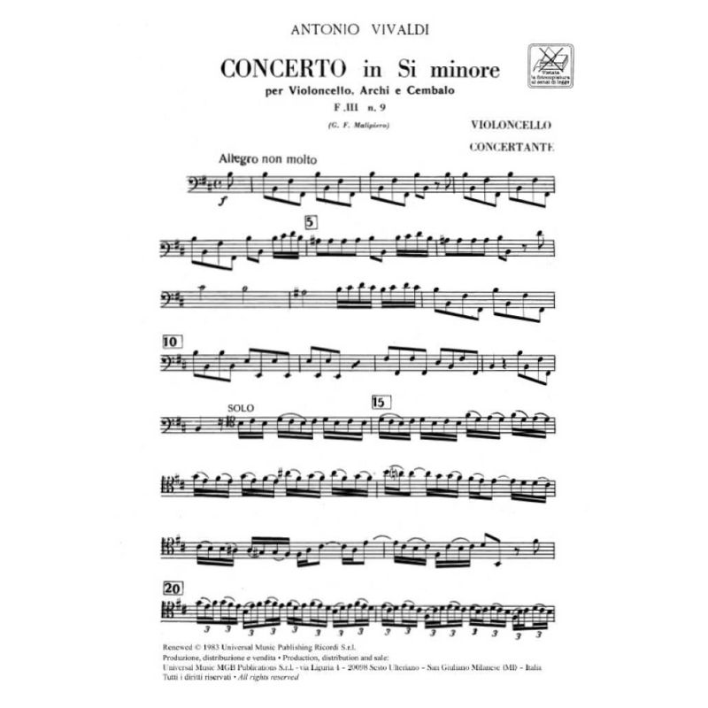 Vivaldi Antonio Concerto Per Vc Archi E B C In Si Min Rv