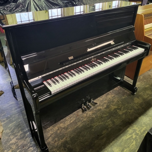 SOLD: Pre-Owned May Berlin Upright Piano in Black Polyester with Chrome Fittings