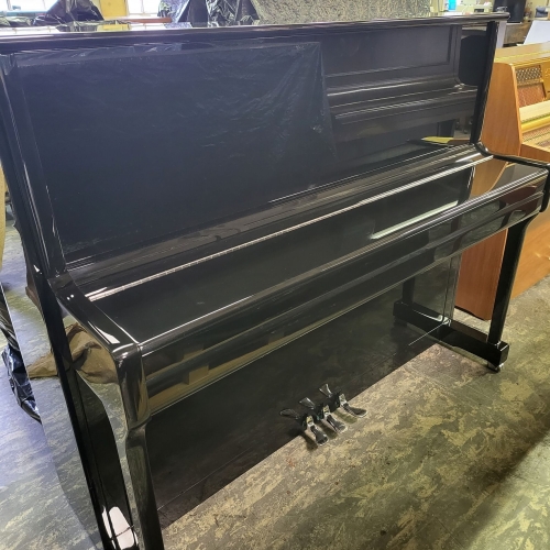 SOLD: Pre-Owned May Berlin Upright Piano in Black Polyester with Chrome Fittings